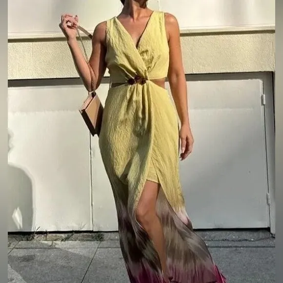 Zara NWT tie dye green &amp; brown jeweled embellished cutout midi dress