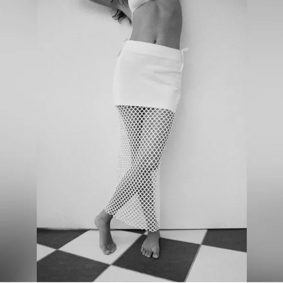 Zara NWT white mesh fishnet underlay midi/mini skirt mixed combination contrast