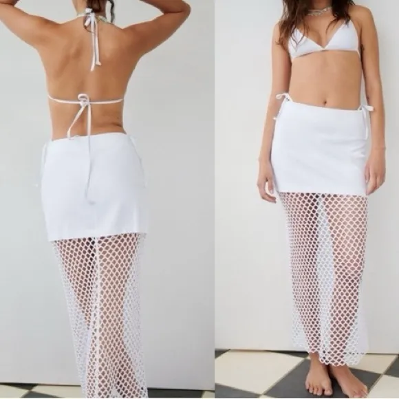 Zara NWT white mesh fishnet underlay midi/mini skirt mixed combination contrast