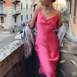 ZARA Pink Satin Cami Cowl Neck Slip Midi Dress