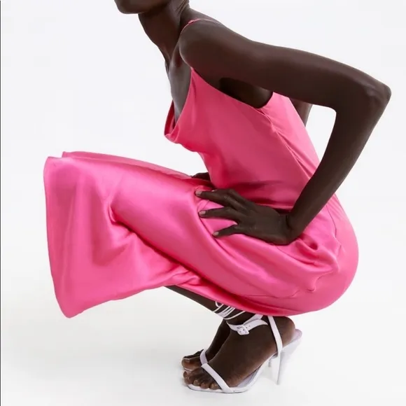 ZARA Pink Satin Cami Cowl Neck Slip Midi Dress