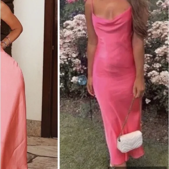 ZARA Pink Satin Cami Cowl Neck Slip Midi Dress