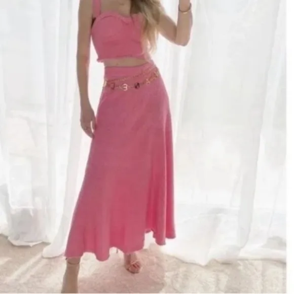 ZARA Pink Tweed Fringe Swing Midi Skirt