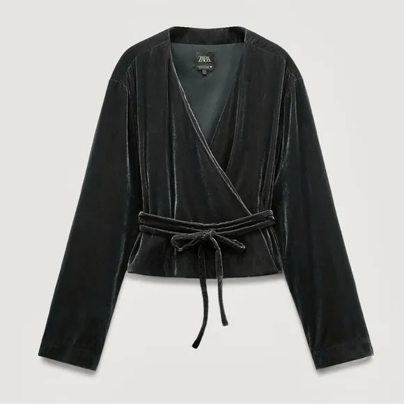 Zara set NWT velvet midi skirt &amp; long sleeve tie belted kimono mid-gray color