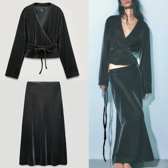 Zara set NWT velvet midi skirt &amp; long sleeve tie belted kimono mid-gray color