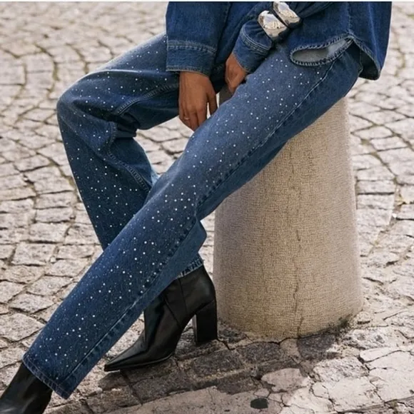 Zara STRAIGHT CUT BEADED JEANS WITH A HIGH WAIST