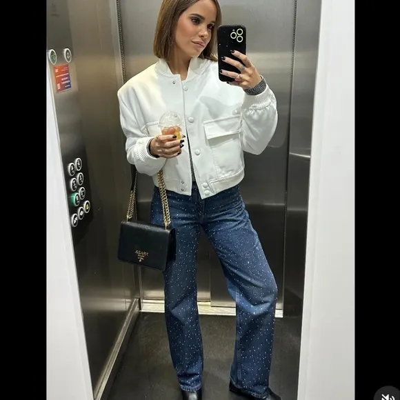 Zara STRAIGHT CUT BEADED JEANS WITH A HIGH WAIST