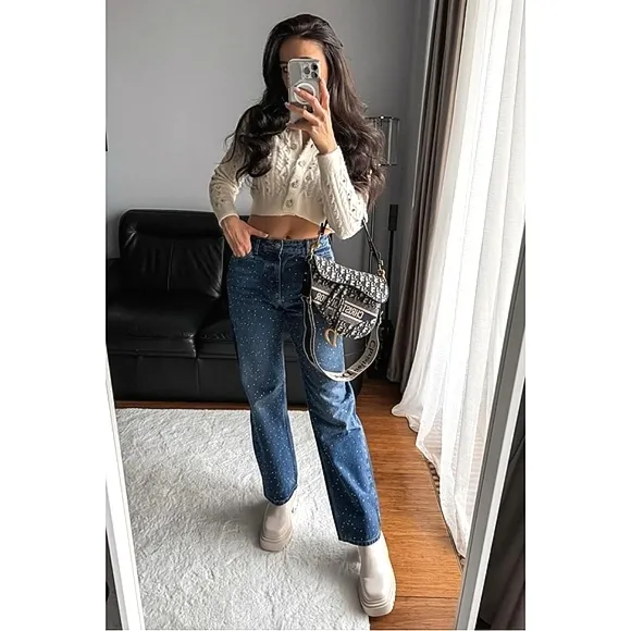 Zara STRAIGHT CUT BEADED JEANS WITH A HIGH WAIST