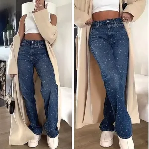 Zara STRAIGHT CUT BEADED JEANS WITH A HIGH WAIST