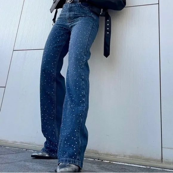 Zara STRAIGHT CUT BEADED JEANS WITH A HIGH WAIST