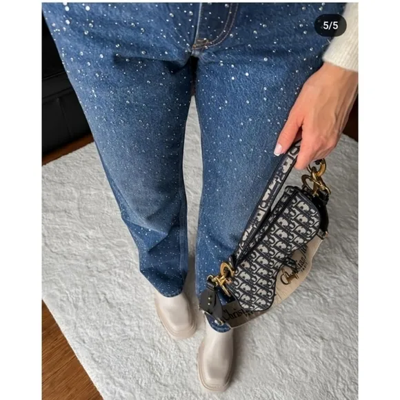 Zara STRAIGHT CUT BEADED JEANS WITH A HIGH WAIST