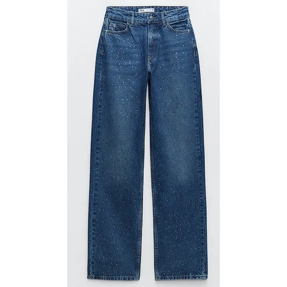 Zara STRAIGHT CUT BEADED JEANS WITH A HIGH WAIST