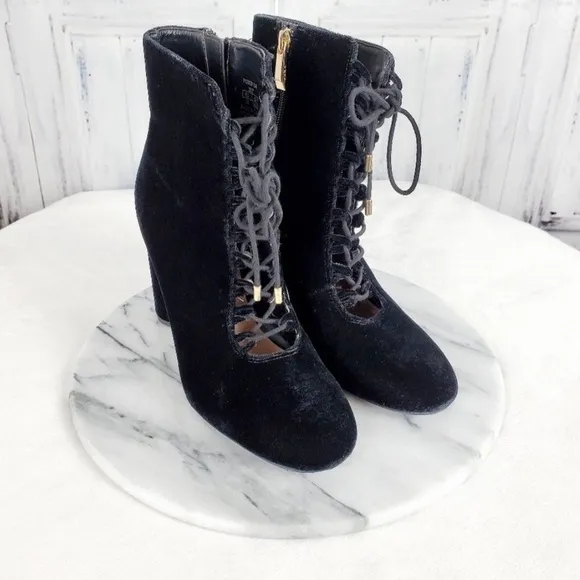Zara Velvet Lace Tie Up High Heel Ankle Boot
