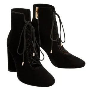 Zara Velvet Lace Tie Up High Heel Ankle Boot