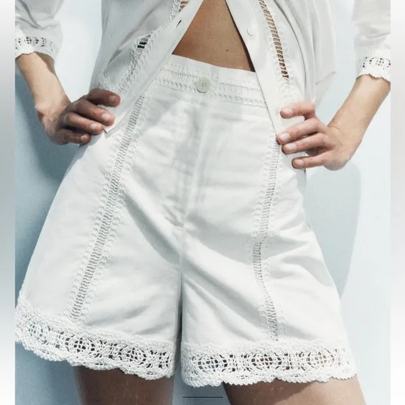 ZARA White Cotton Lace Crochet Trim Shorts NWT