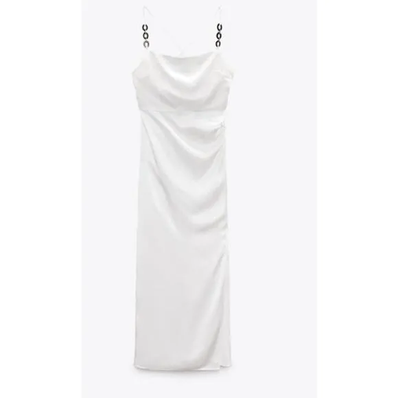 Zara White Satin Effect Spaghetti Strap Maxi / Midi Dress Side Slit XS