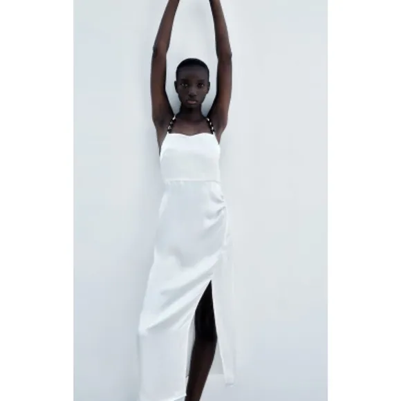 Zara White Satin Effect Spaghetti Strap Maxi / Midi Dress Side Slit XS