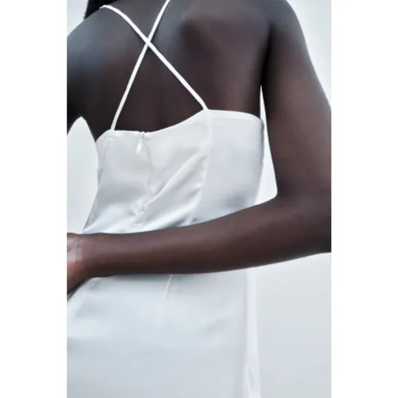 Zara White Satin Effect Spaghetti Strap Maxi / Midi Dress Side Slit XS