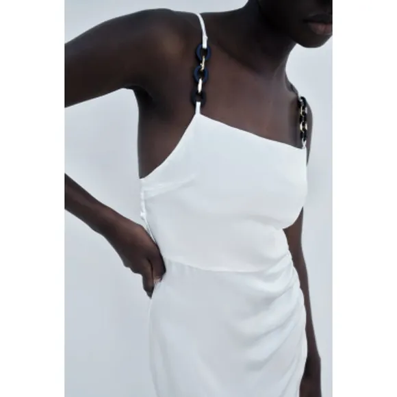 Zara White Satin Effect Spaghetti Strap Maxi / Midi Dress Side Slit XS