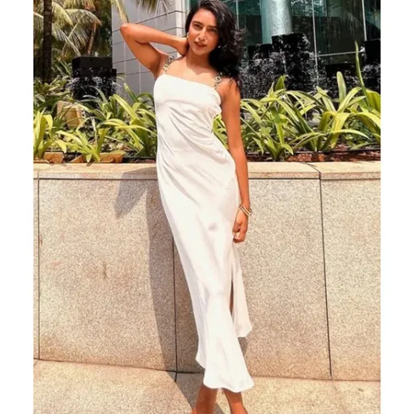 Zara White Satin Effect Spaghetti Strap Maxi / Midi Dress Side Slit XS