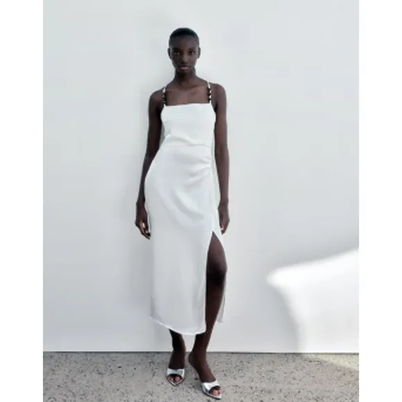 Zara White Satin Effect Spaghetti Strap Maxi / Midi Dress Side Slit XS