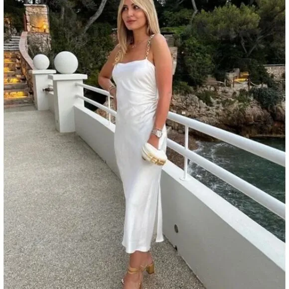 Zara White Satin Effect Spaghetti Strap Maxi / Midi Dress with Slit Size Small