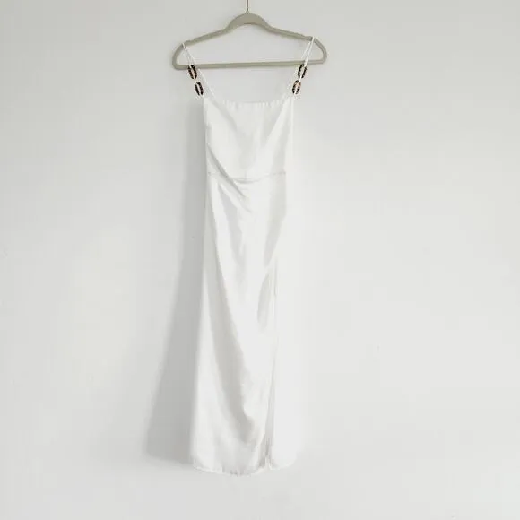Zara White Satin Effect Spaghetti Strap Maxi / Midi Dress with Slit Size Small