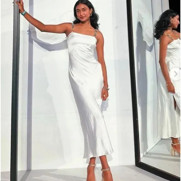 Zara White Satin Effect Spaghetti Strap Maxi / Midi Dress with Slit Size Small