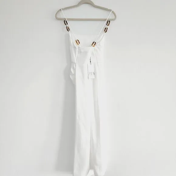 Zara White Satin Effect Spaghetti Strap Maxi / Midi Dress with Slit Size Small