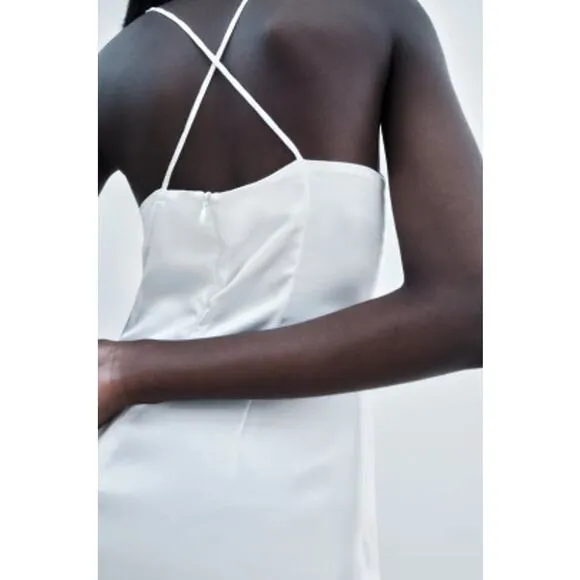 Zara White Satin Effect Spaghetti Strap Maxi / Midi Dress with Slit Size Small