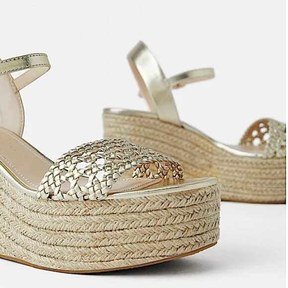 Zara Braided Gold Platform Wedge Esapadrille
