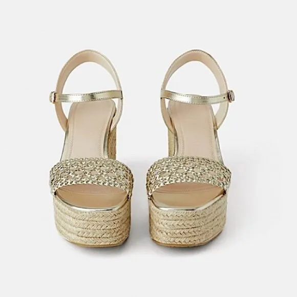 Zara Braided Gold Platform Wedge Esapadrille