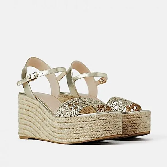 Zara Braided Gold Platform Wedge Esapadrille