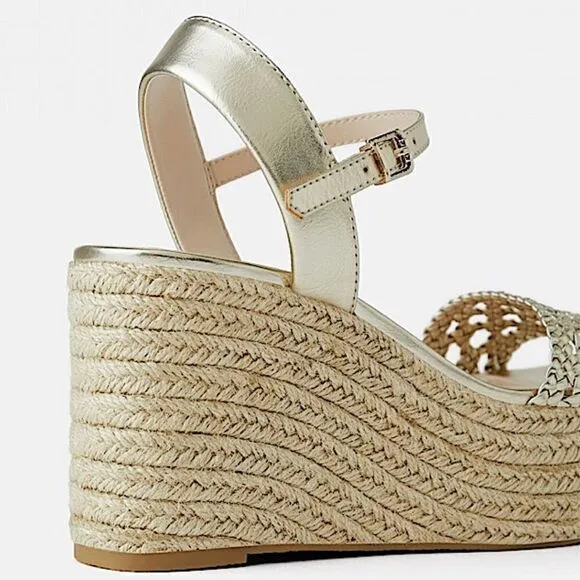 Zara Braided Gold Platform Wedge Esapadrille
